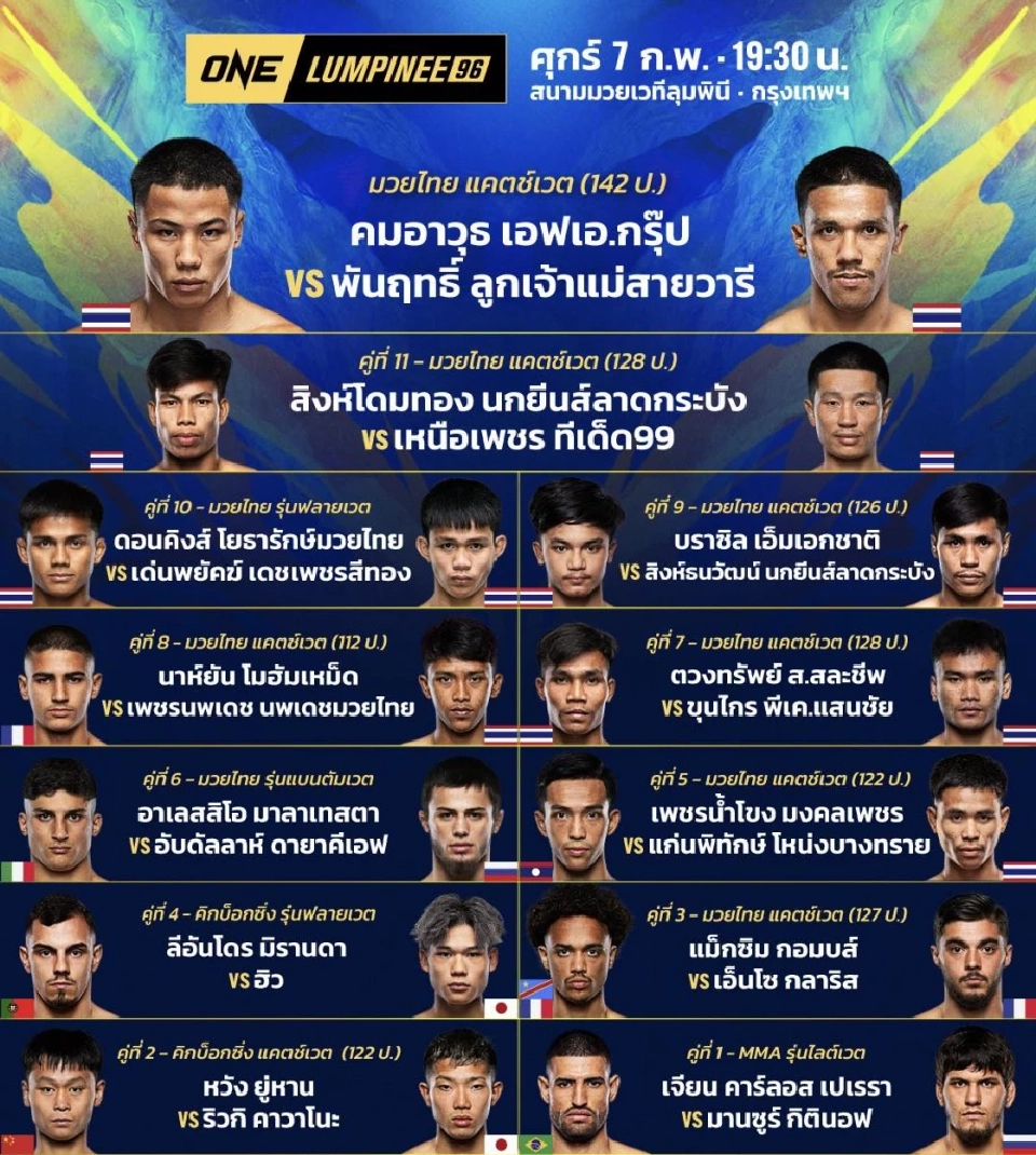 ถ่ายทอดสดมวย ONE ลุมพินี 96 'คมอาวุธ vs พันธุกฤธิ์' คู่มวยมันส์ 12 คู่ วันนี้