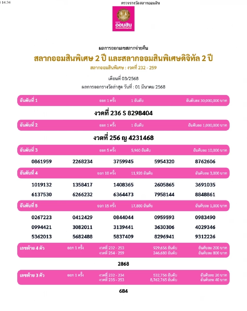 ตรวจหวยออมสิน ตรวจสลากออมสิน พิเศษ 2 ปี 
