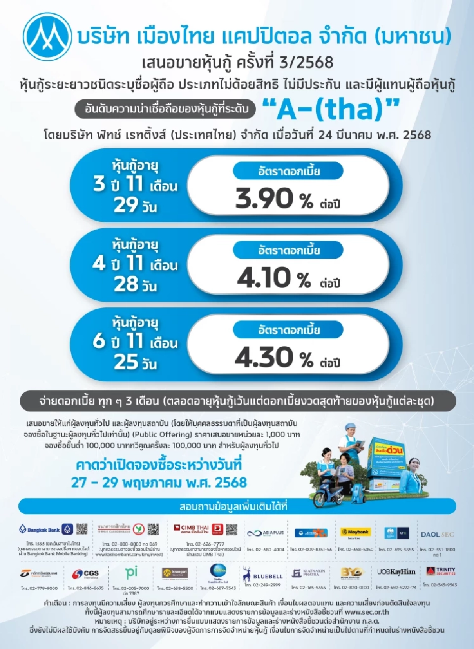 MTC เตรียมขายหุ้นกู้ใหม่ พร้อมดอกเบี้ย 3.90% - 4.30% ต่อปี เปิดจอง 27 - 29 พ.ค.68