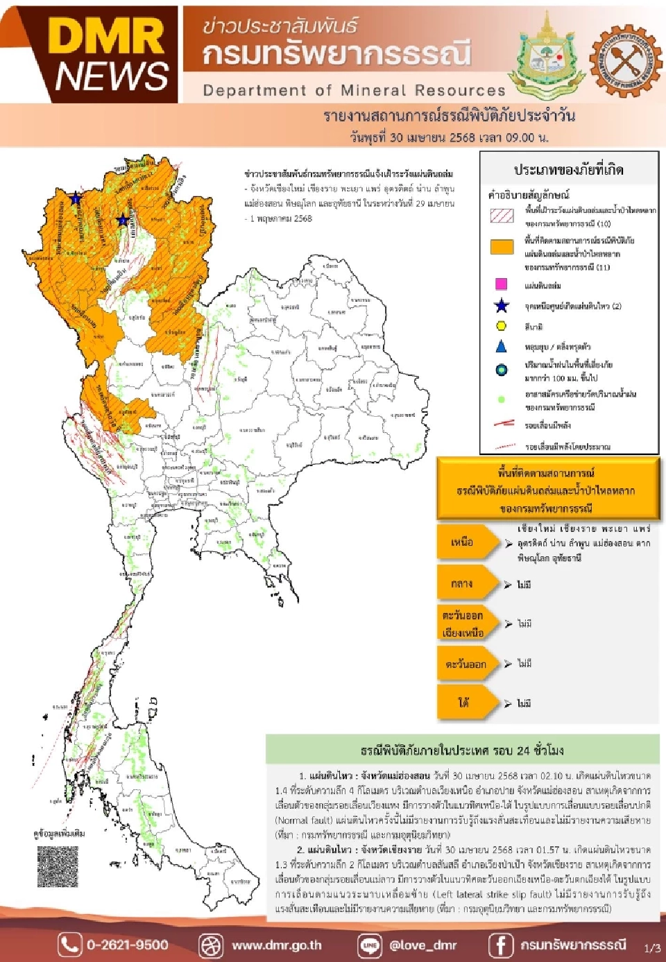 กรมทรัพยากรธรณี แจ้งเตือนพื้นที่ดินถล่ม น้ำป่าไหลหลาก 