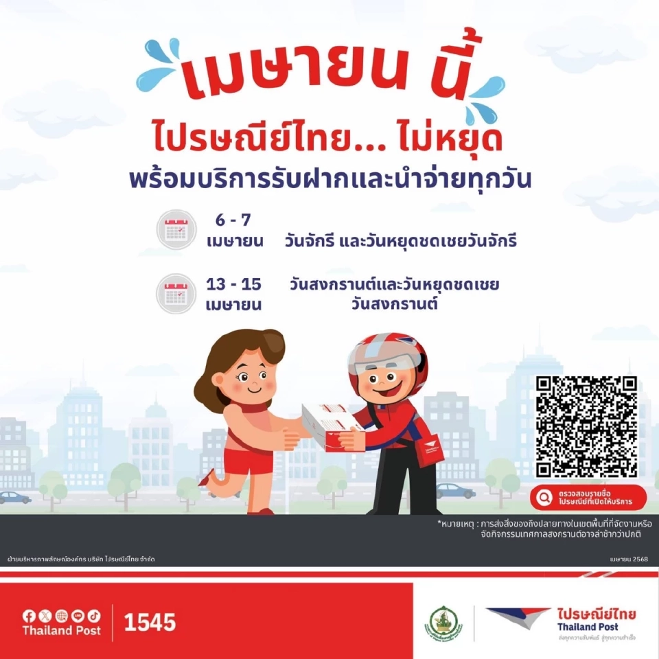วันหยุดไปรษณีย์ไทย 2568 เดือนเมษายน