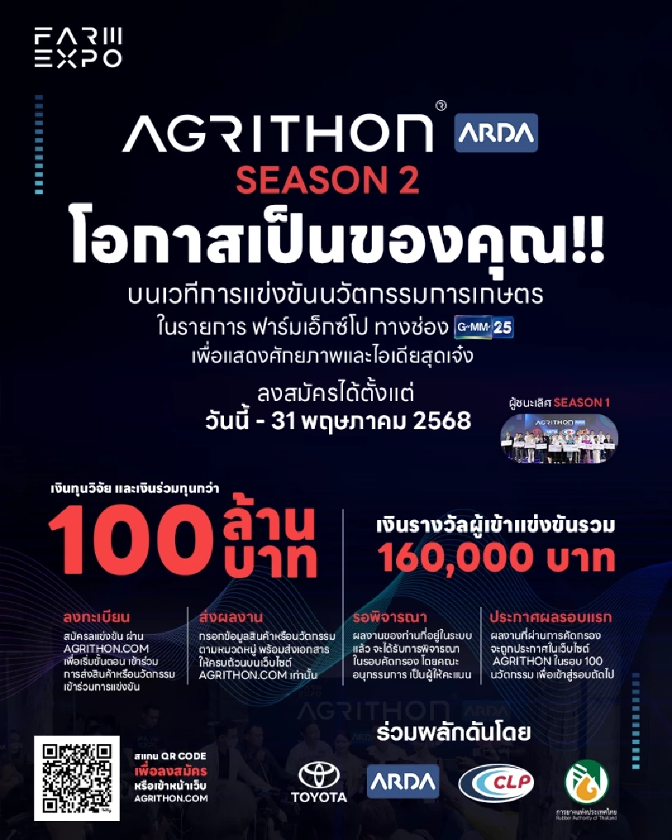 AGRITHON ซีซัน 2 มาแล้ว! ลุ้นทุนวิจัยนวัตกรรมเกษตร 100 ล้าน
