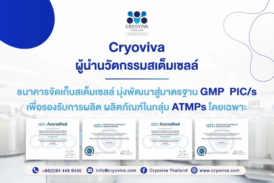 ‘ไครโอวิวา’ หนึ่งเดียวในตลาดธนาคารสเต็มเซลล์ไทยได้มาตรฐาน AABB ครบ