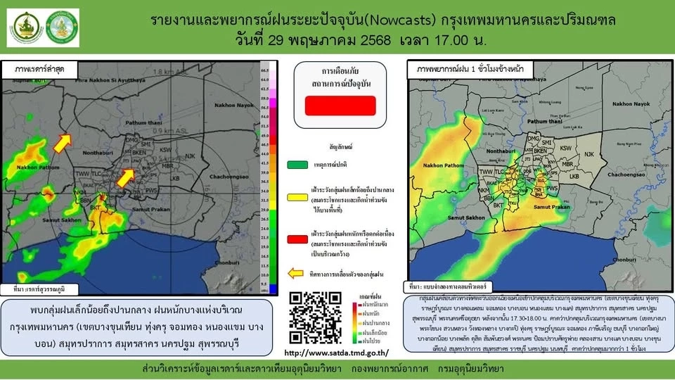กรมอุตุนิยมวิทยา พบกลุ่มฝนเล็กน้อยถึงปานกลาง ฝนหนักบางแห่งในเขตกทม.