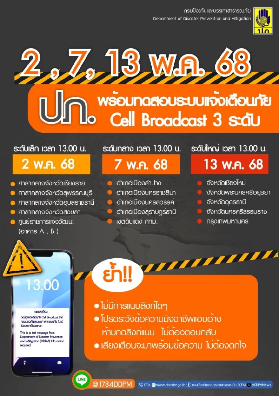 ปภ.เตรียมทดสอบระบบเตือนภัยพิบัติ Cell Broadcast ระดับกลางในวันพรุ่งนี้ 7 พ.ค.68 เวลา 13.00 น.