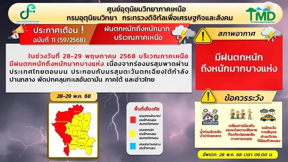 ศูนย์อุตุนิยมวิทยาภาคเหนือ กรมอุตุนิยมวิทยา ออกประกาศเตือนฉบับที่ 11 เรื่อง ฝนตกหนักถึงหนักมากบริเวณภาคเหนือ 