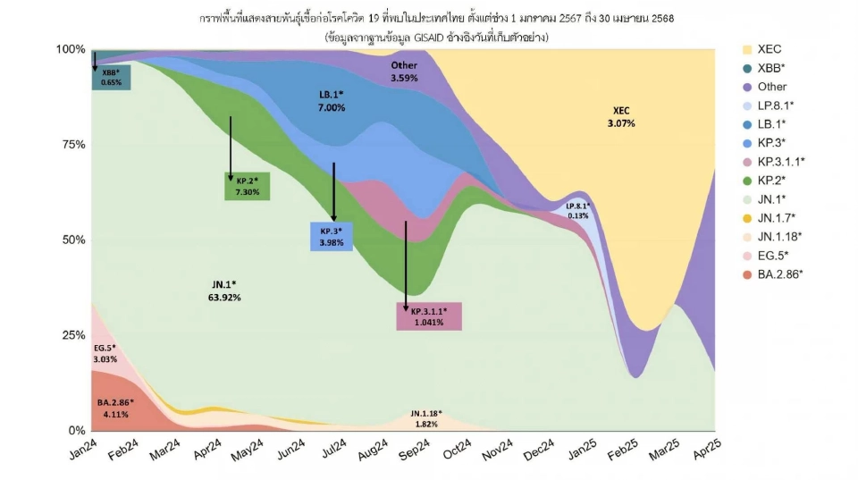 สถานการณ์โควิด-19 ไทยล่าสุด JN.1 ยังเป็นสายพันธุ์หลัก XEC ลดลง