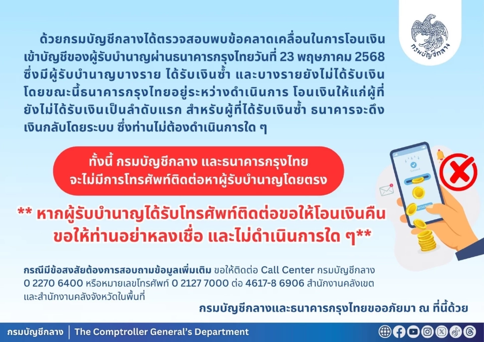 เงินบำนาญเดือนพฤษภาคม ไม่เข้า กรุงไทย – กรมบัญชีกลาง ไขคำตอบแล้ว