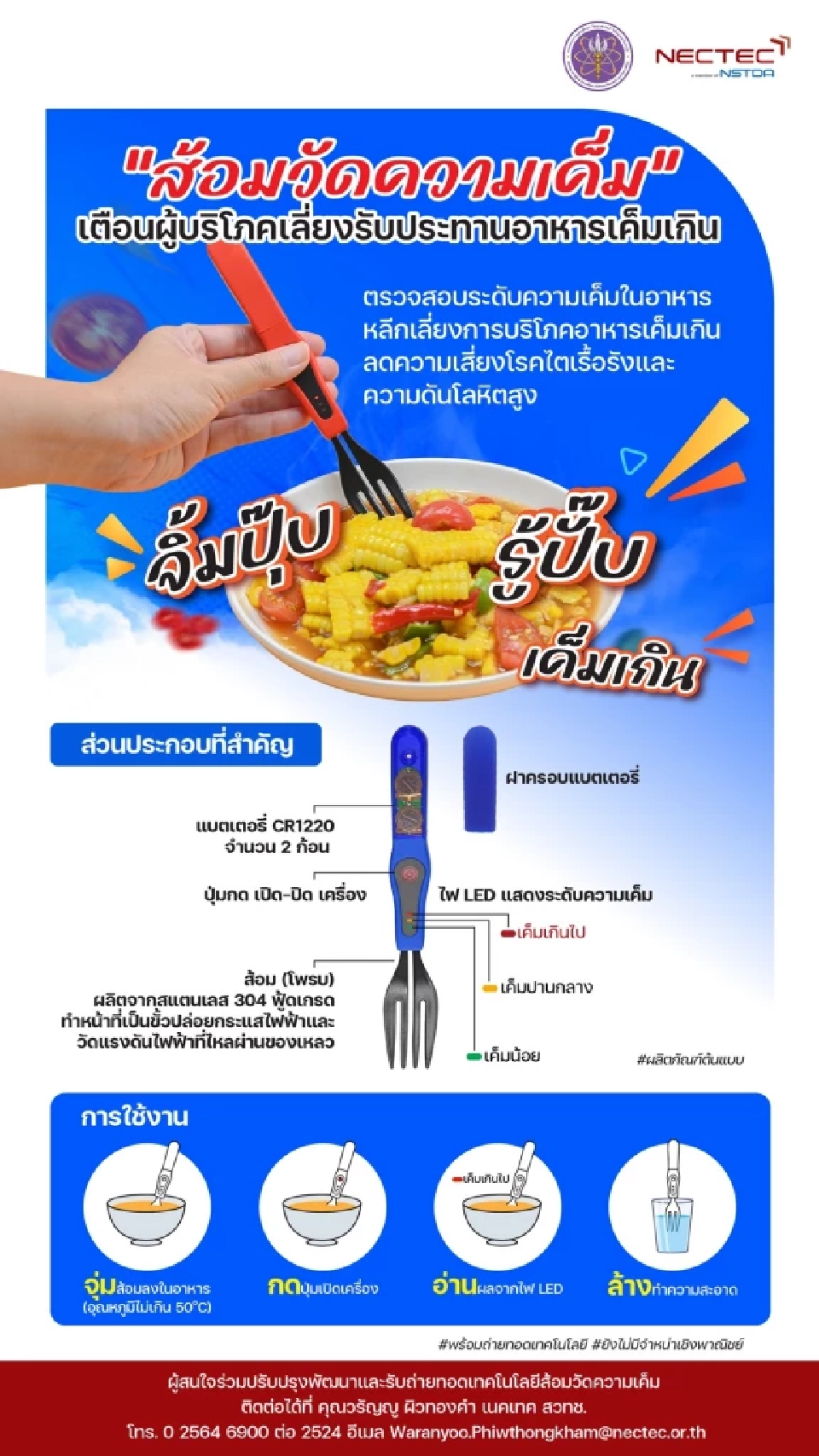 จิ้มปุ๊บ รู้ปั๊บ!“ส้อมวัดความเค็ม”นวัตกรรมตรวจสอบปริมาณโซเดียมในอาหาร