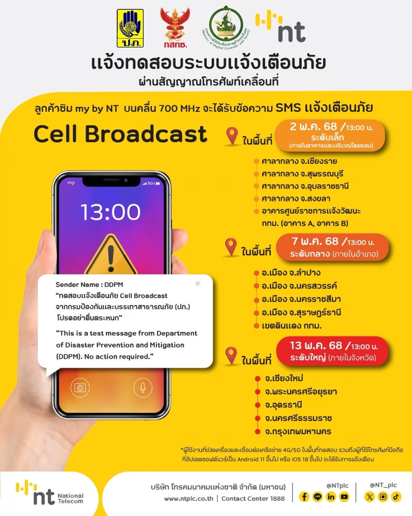 ปภ.จับมือ 3 ค่ายมือถือ ทดสอบสำเร็จระบบเตือนภัย  Cell Broadcast 