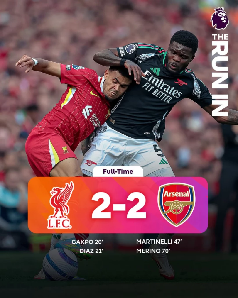 ลิเวอร์พูล​ โดน.อาร์เซนอล​ ไล่ตีเสมอ จบเกมกินกันไม่ลง. แบ่งกันไปทีมละหนึ่งแต้ม