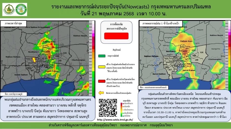 กรมอุตุนิยมวิทยา อัปเดตพื้นที่ฝนตกในกรุงเทพมหานคร ประจำวันที่ 21 พ.ค.68