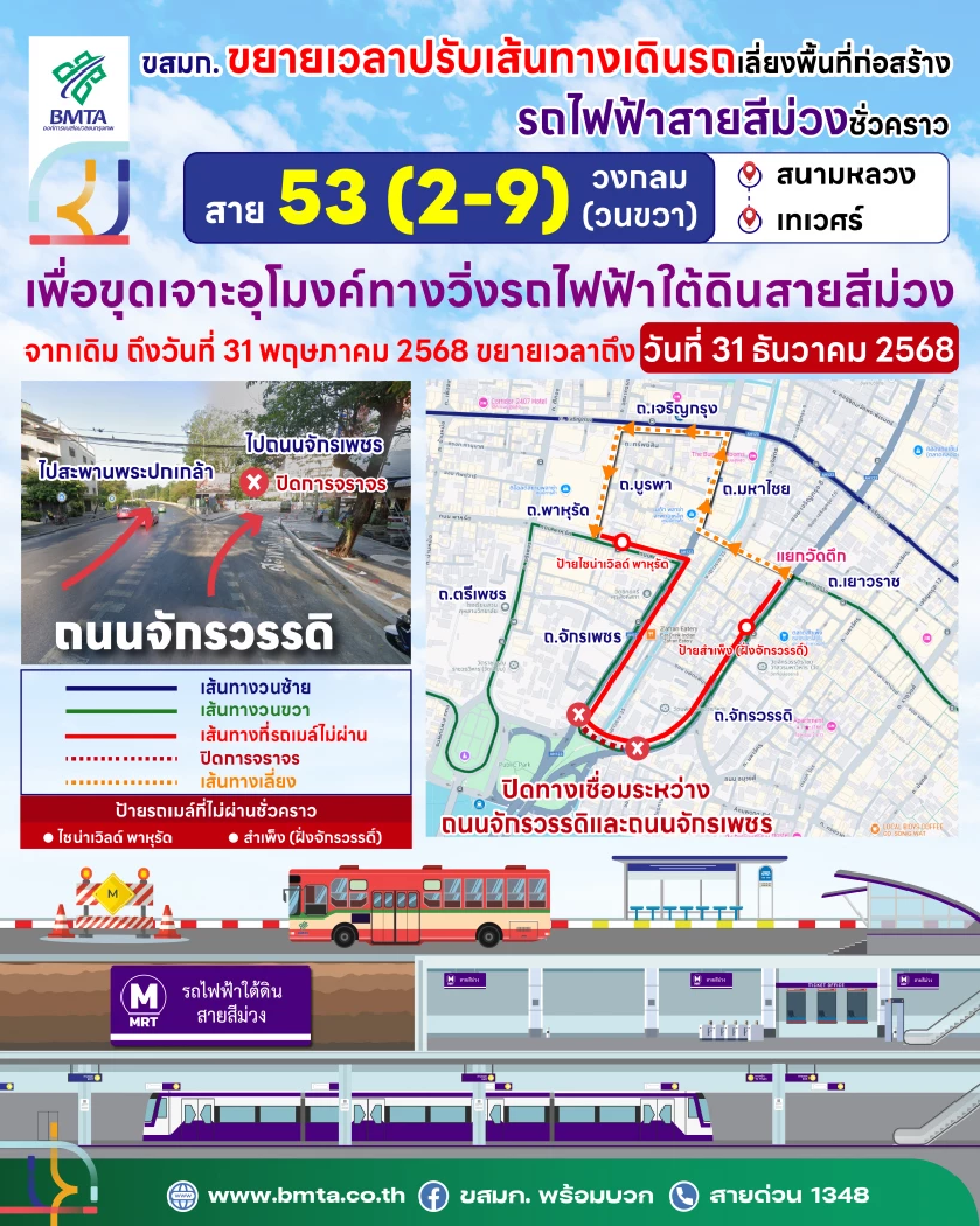 “สายสีม่วงใต้” ปิดเบี่ยงจราจร “ขสมก.” ปรับแผนเดินรถ สาย 53 เทเวศร์-สนามหลวง