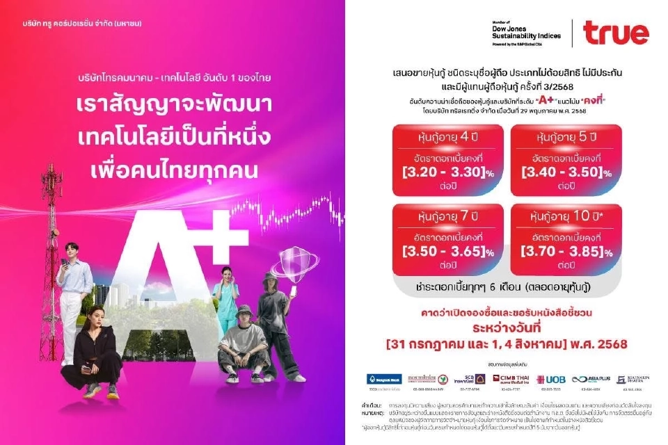 TRUE เตรียมเสนอขาย 4 หุ้นกู้ชุดใหม่ 31 ก.ค.,1 และ 4 ส.ค. 68 นี้