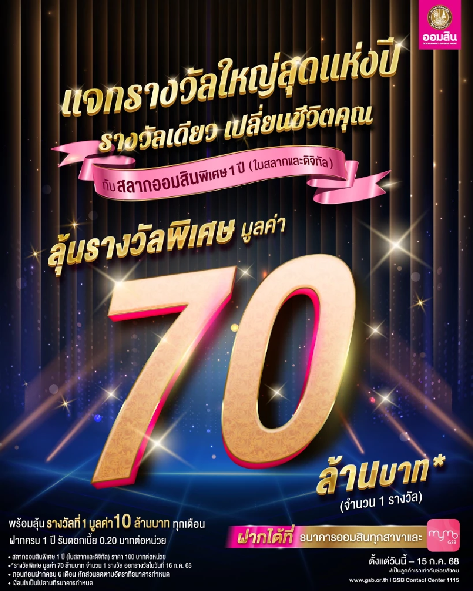 สลากออมสินพิเศษ 1 ปีฝากร้อย ลุ้น 70 ล้านบาท 