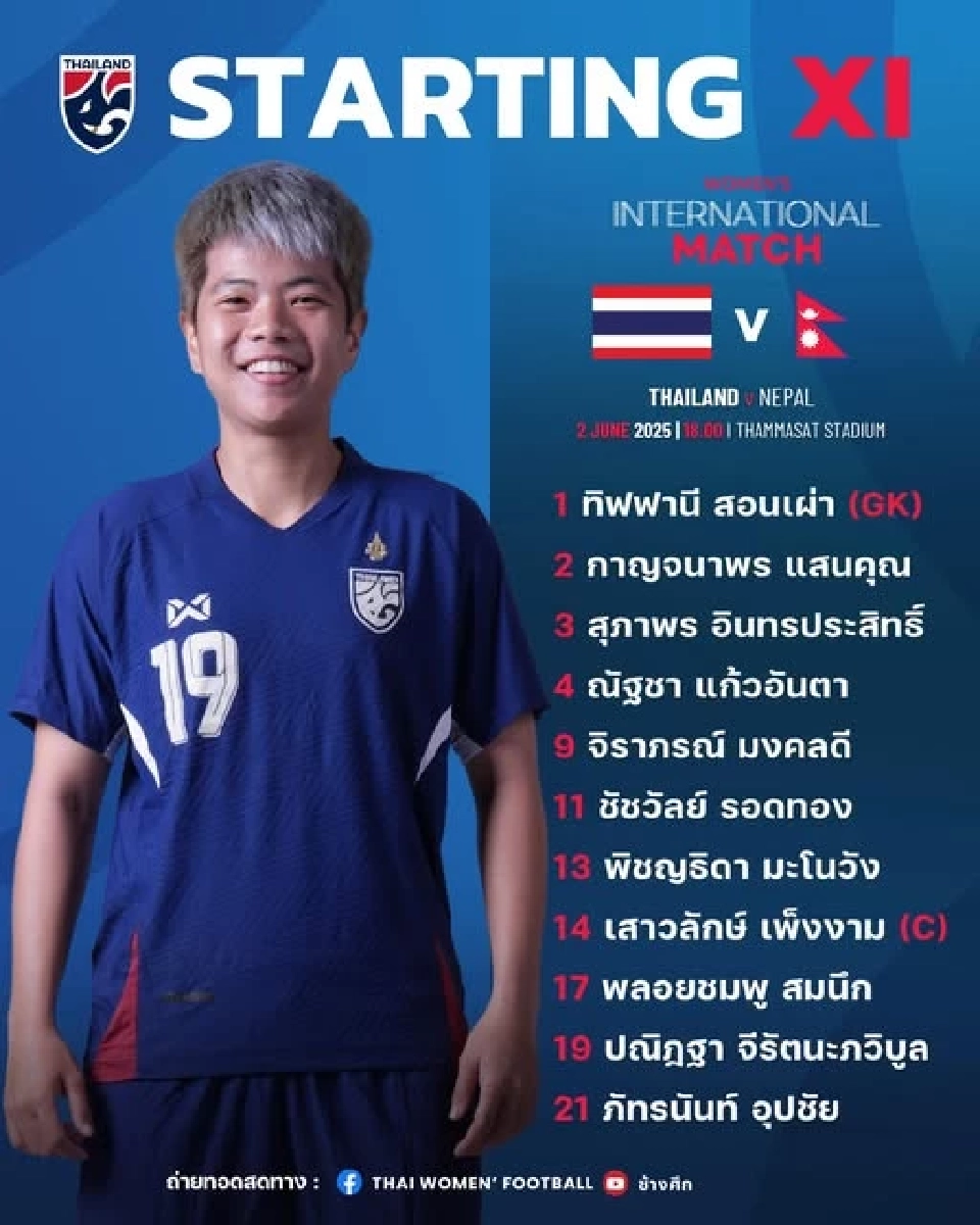 รายชื่อ 11 ตัวจริง ฟุตบอลหญิงทีมชาติไทย พบ เนปาล 