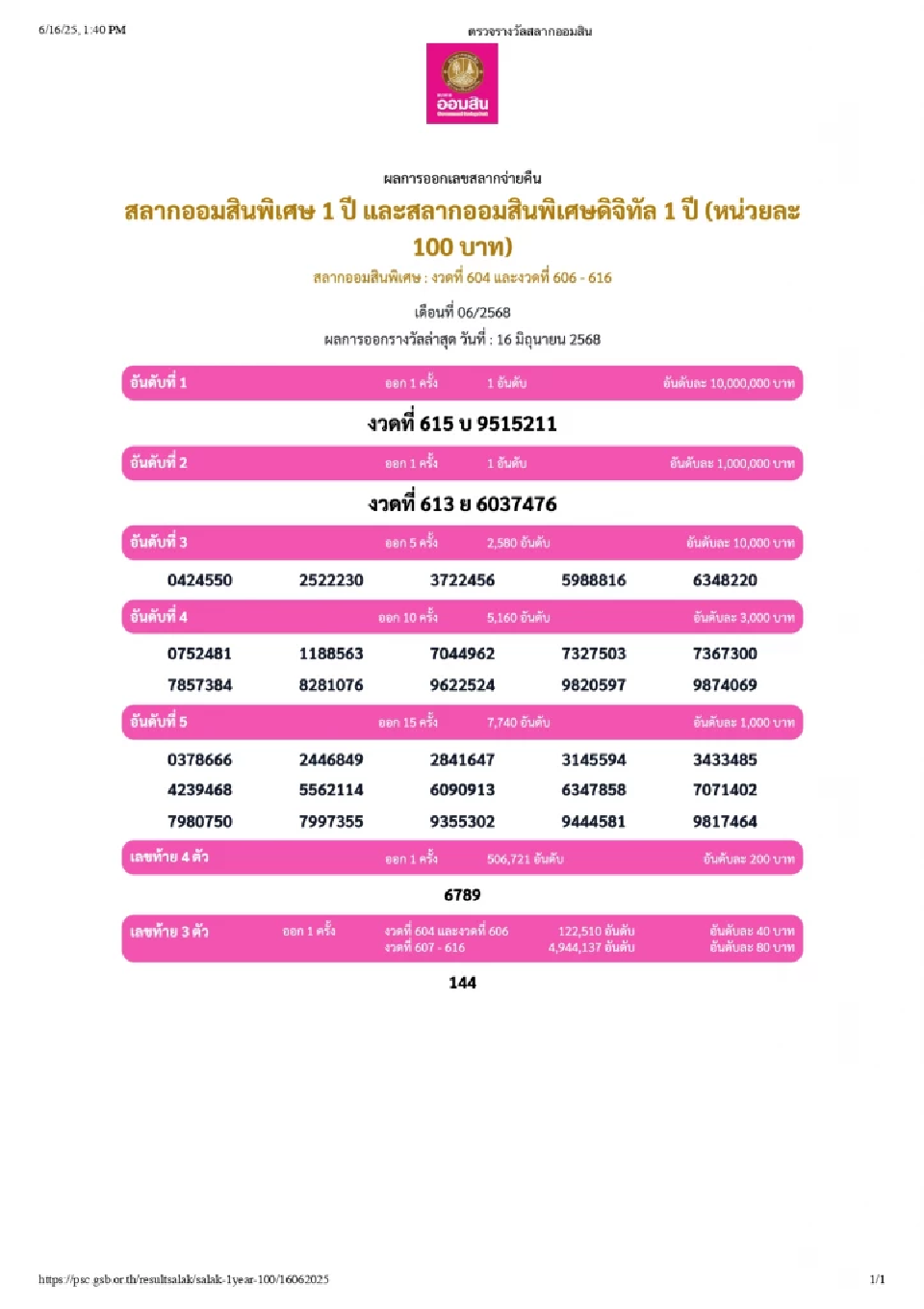 ตรวจหวย สลากออมสินพิเศษ 1 ปี และสลากออมสินพิเศษดิจิทัล 1 ปี งวดประจำวันที่ 16 มิถุนายน 2568