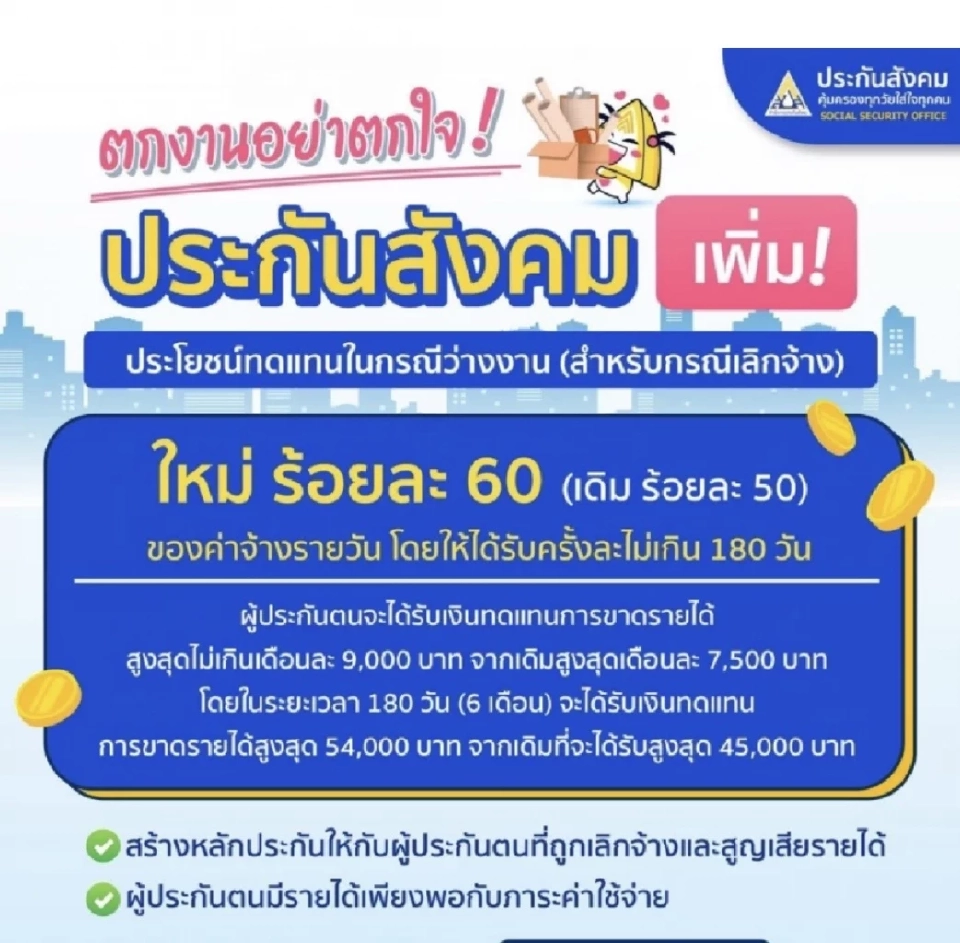 ผู้ประกันตน ม.33 เฮ รับเงินชดเชย“ว่างงาน”สูงสุด 9,000 บาท มีผลแล้ว
