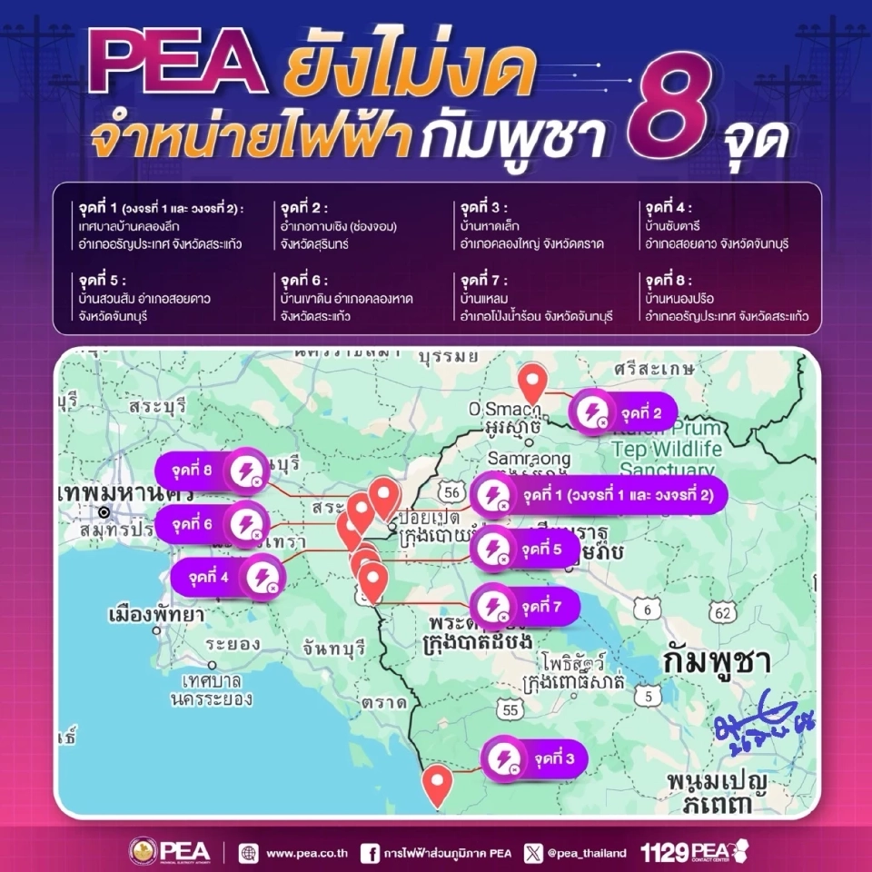 ด่วน! ไทยยังขายไฟฟ้าให้กัมพูชา กฟภ.ยันไม่ได้งดจำหน่ายทั้ง 8 จุด