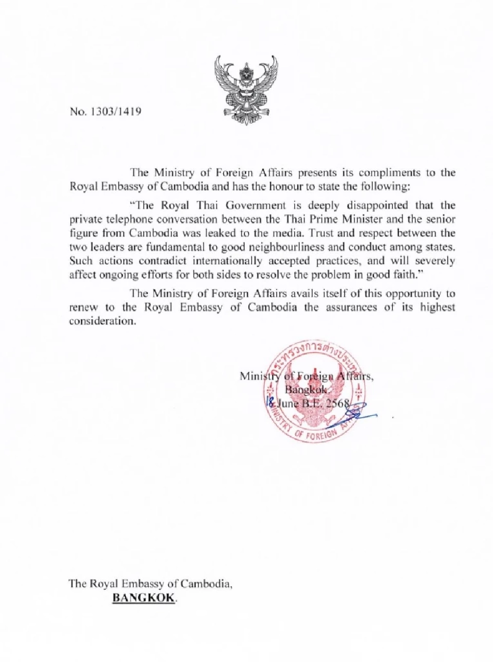 กต. ประท้วงกัมพูชา เปิดบทสนทนานายกฯ ผิดมารยาททูต กระทบความสัมพันธ์ร้ายแรง