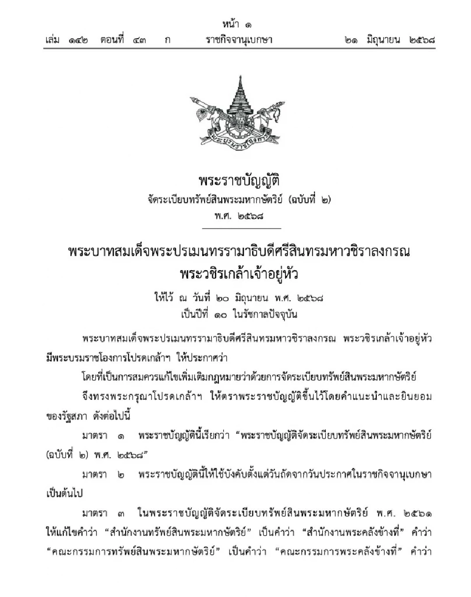 โปรดเกล้าฯ พรบ. เปลี่ยนชื่อ สำนักงานทรัพย์สิน เป็น พระคลังข้างที่