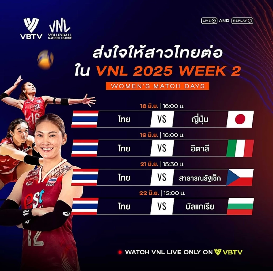 ตารางถ่ายทอดสดวอลเลย์บอลหญิง VNL 2025 ไทย พบ ญี่ปุ่น อิตาลี เช็ก บัลแกเรีย