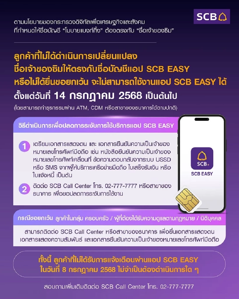 ธนาคารไทยพาณิชย์แจ้งวันจันทร์ที่ 14 กรกฎาคม 2568  ชื่อไม่ตรงกับซิมใช้แอป SCB EASY ไม่ได้