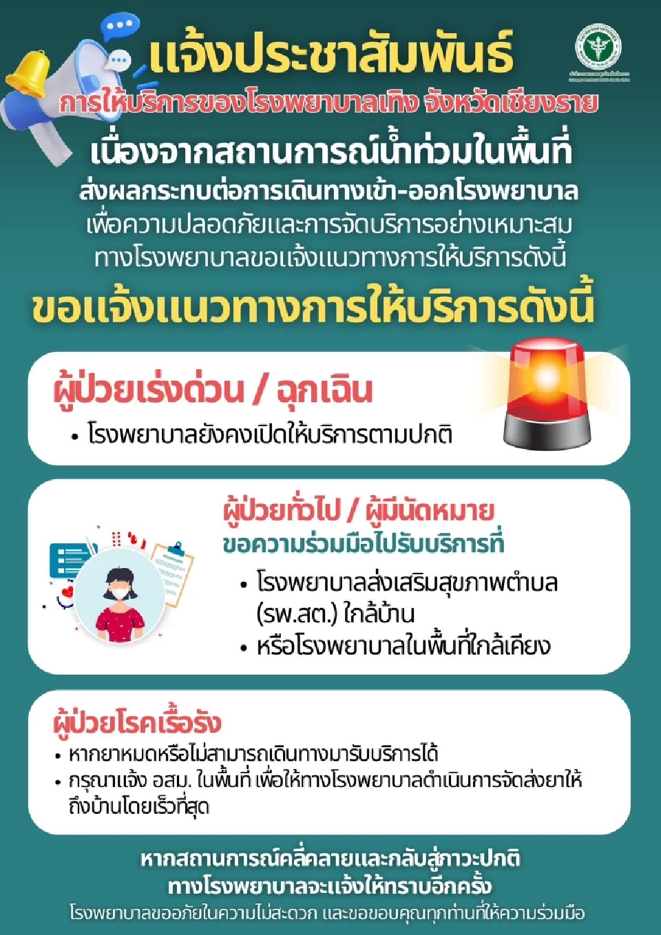 โรงพยาบาลเทิง ประกาศ แจ้งว่าขณะนี้เกิดน้ำท่วมบริเวณหน้าและรอบ ๆ โรงพยาบาล 