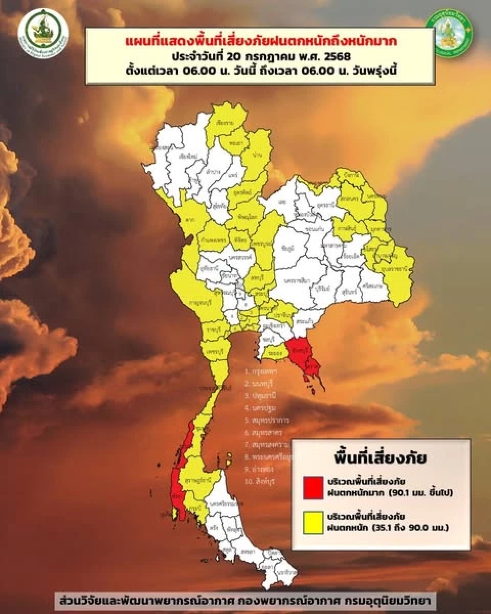 ประกาศกรมอุตุฯฉบับ 2 พายุวิภา ไทยอ่วมฝนตกหนักวันที่ 20-24 ก.ค.68