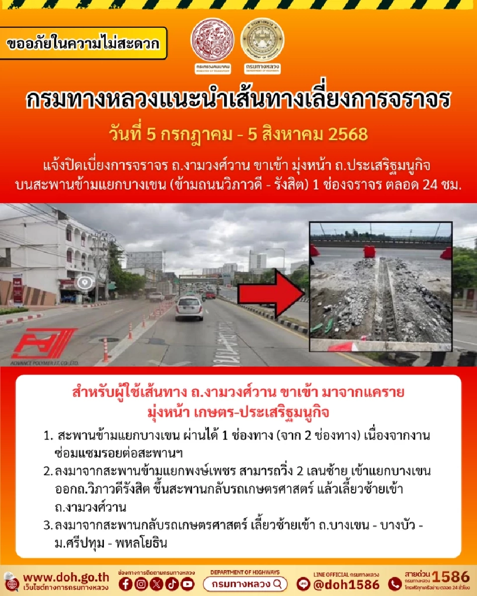 ปิดถนน 1 เดือน “ทางหลวง” ซ่อม “สะพานข้ามแยกบางเขน” เชื่อมงามวงศ์วาน