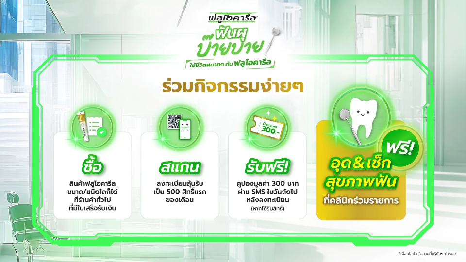 เช็คขั้นตอนรับส่วนลดอุดฟัน 300 บาท 500 สิทธิ์ต่อเดือนกับฟลูโอคารีลใน 74 คลินิกทันตกรรม