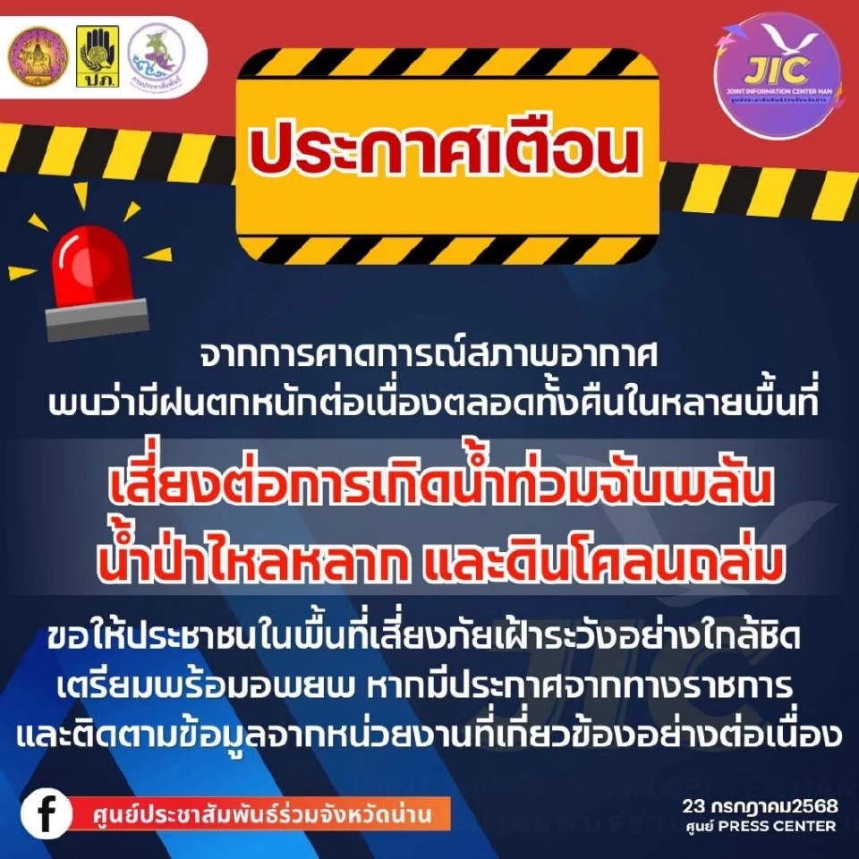 น่านประกาศแจ้งเตือนน้ำท่วมฉับพลัน น้ำป่าไหลหลา ดินโคลนถล่ม