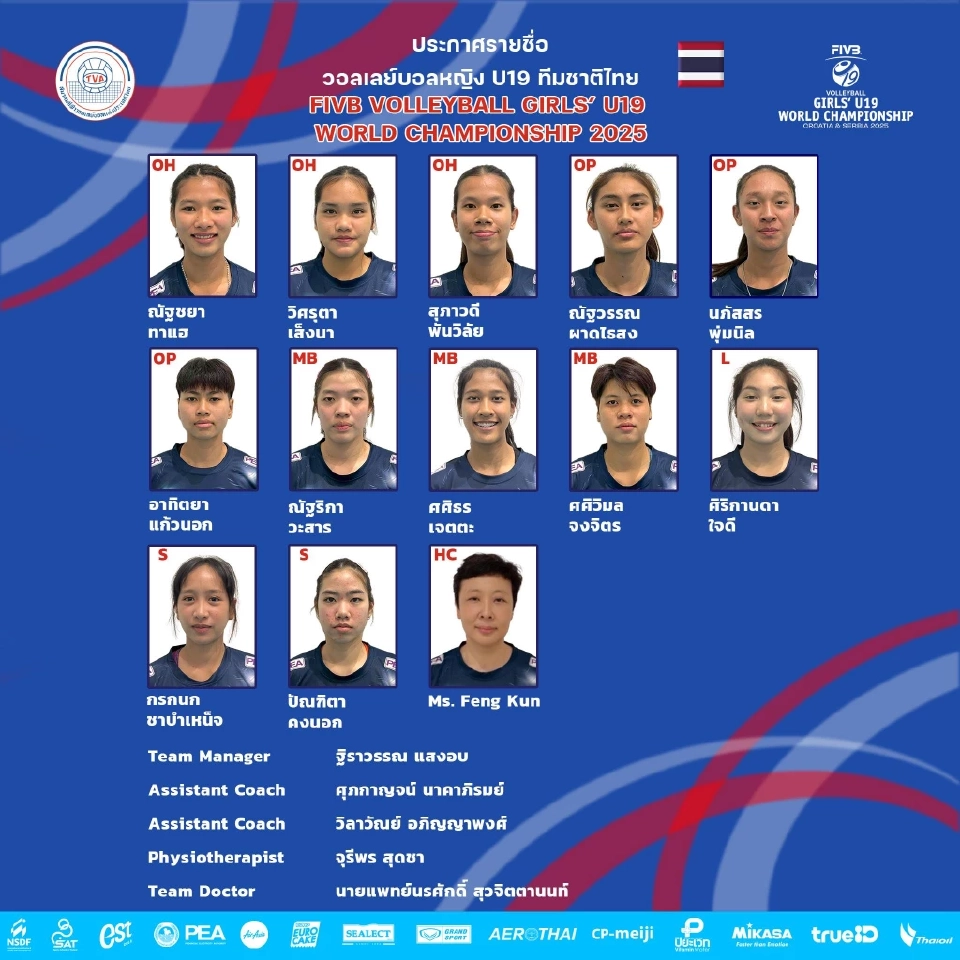 ตารางถ่ายทอดสดวอลเลย์บอลหญิงทีมชาติไทย U19 สู้ศึกชิงแชมป์โลก 2025