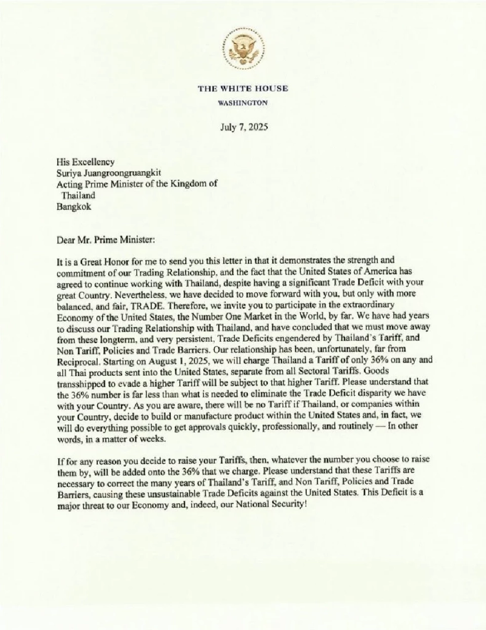 "ทรัมป์"ส่งจดหมายถึงไทย ยืนยันเก็บภาษีนำเข้า 36% เริ่ม 1 ส.ค.นี้