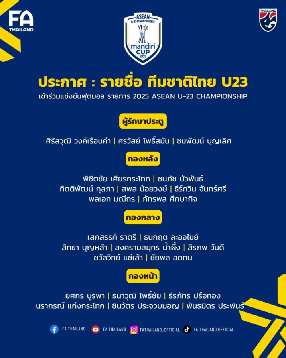 รายชื่อทัพนักเตะทีมชาติไทย รุ่นอายุไม่เกิน 23 ปี ที่เตรียมลุยศึกชิงแชมป์อาเซียน