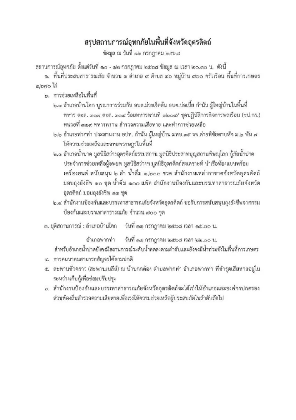 น้ำท่วมอุตรดิตถ์ ปภ.สรุปผลกระทบพื้นที่ 3 อำเภอ รวม 700 หลังคาเรือน