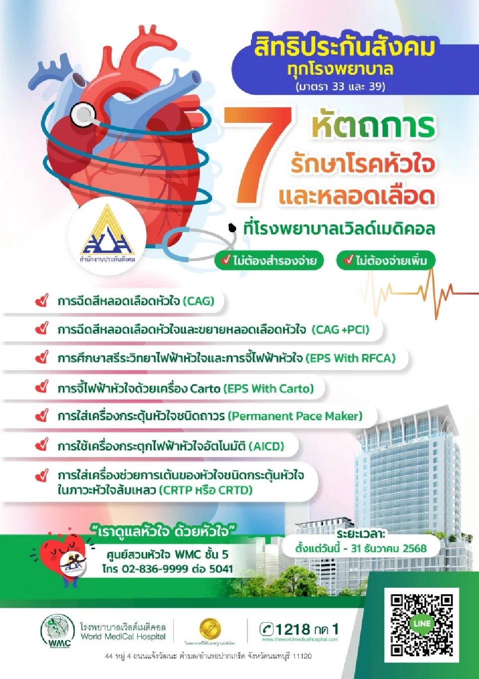 เฮ! รพ.เวิลด์เมดิคอล เปิดให้ผู้ประกันตน รับสิทธิรักษา 7 โรค ไม่ต้องสำรองจ่าย มีอะไรบ้าง