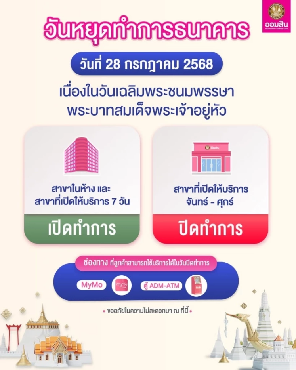 ออมสิน แจ้งวันหยุดทำการธนาคาร