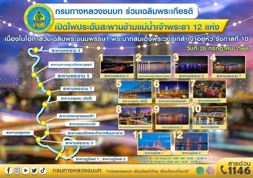 เช็ก 12 จุด เปิดไฟประดับสะพานข้ามแม่น้ำเจ้าพระยา
