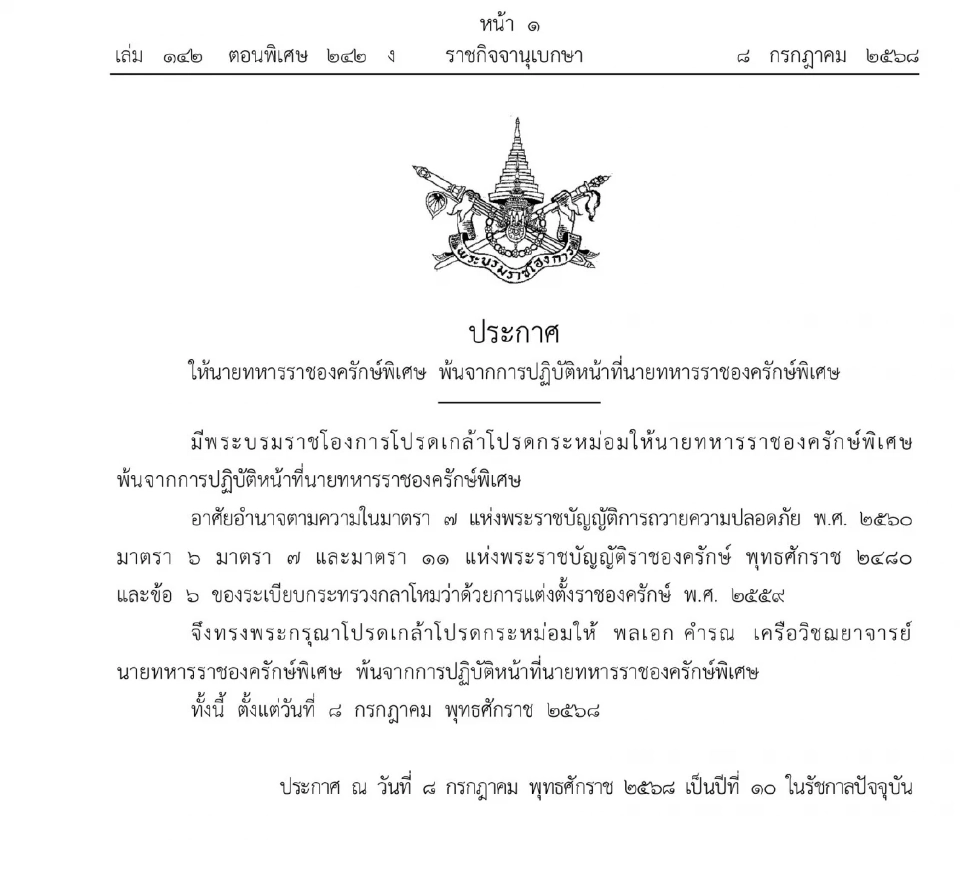 โปรดเกล้าฯ ปลด พล.อ.คำรณ เครือวิชฌยาจารย์ พ้นนายทหารราชองครักษ์พิเศษ