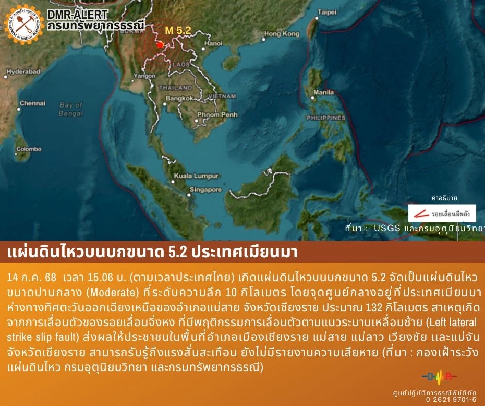 แผ่นดินไหวบนบกขนาด 5.2 บริเวณประเทศเมียนมา จัดเป็นแผ่นดินไหว ขนาดปานกลาง (Moderate) 