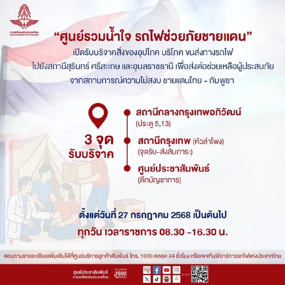 การรถไฟฯช่วยเหลือผู้ประสบภัยชายแดนไทย-กัมพูชา3จุดหลัก 