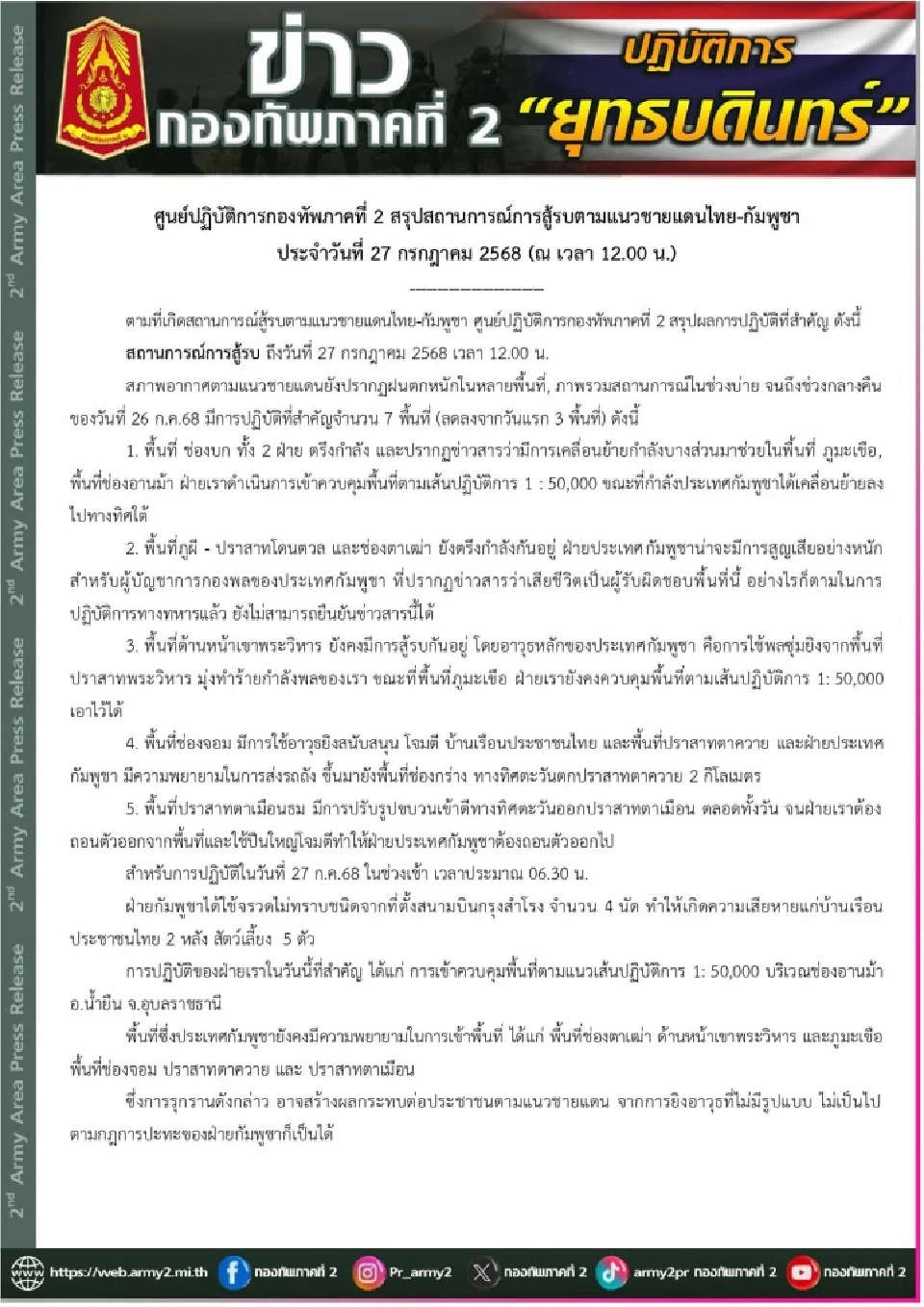 กองทัพภาคที่2 เผย ชายแดนไทย-กัมพูชา สู้รบ 7 จุด สถานการณ์ยังตึงเครียด