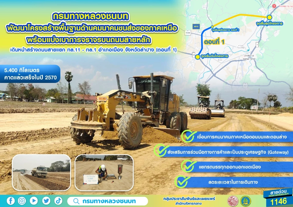 แก้รถติดลำปาง ทช.สร้างถนนใหม่ 5.4 กม. เชื่อม ทล.11-ทล.1 เสร็จปี 70