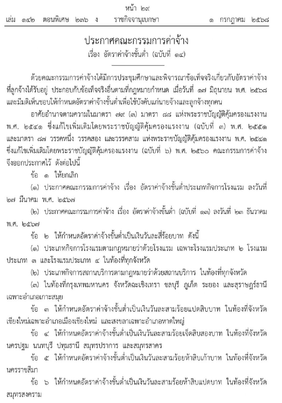 มีผลแล้ว ค่าจ้างขั้นต่ำ 400 บาท พื้นที่ กทม.-โรงแรม 2 ดาวขึ้นไป