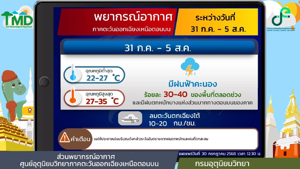 ภาคตะวันออกเฉียงเหนือ  มีฝนฟ้าคะนองร้อยละ 30 - 40 ของพื้นที่ และมีฝนตกหนักบางแห่งทางตอนบนของภาค 