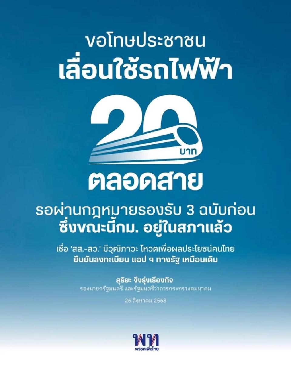 ‘สุริยะ’ กราบขอโทษประชาชน รับ ‘รถไฟฟ้า 20 บาทตลอดสาย’ ล่าช้า