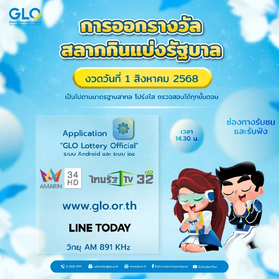 ถ่ายทอดสด การออกรางวัลสลากกินแบ่งรัฐบาล งวดประจำวันที่ 1 สิงหาคม 2568 