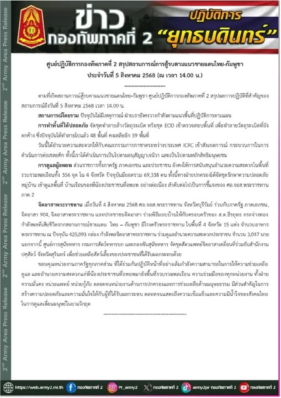 สรุปสถานการณ์แนวชายแดนไทย-กัมพูชา วันที่ 5 สิงหาคม 2568 