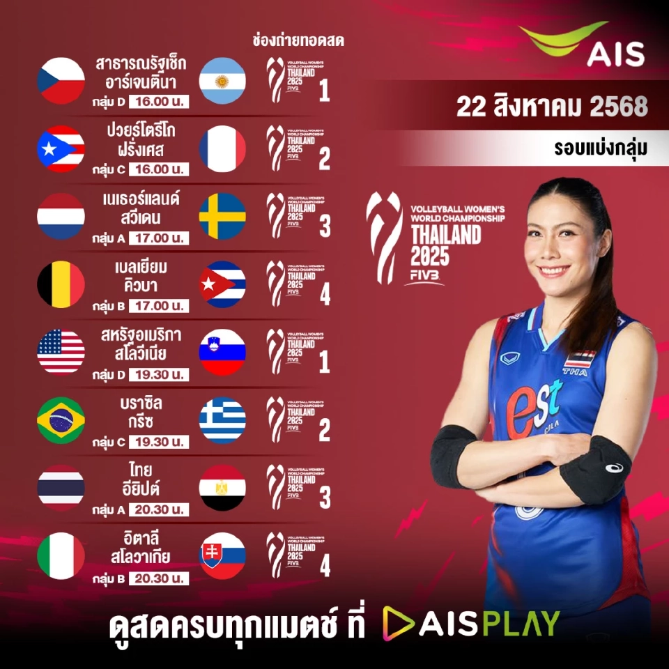 โปรแกรมถ่ายทอด 'วอลเลย์บอลหญิงชิงแชมป์โลก 2025' วันนี้ 22 ส.ค.68